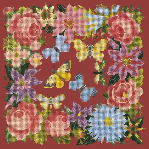 Clematis, Rose, and Butterflies Needlepoint Kit Elizabeth Bradley Design Dark Red 