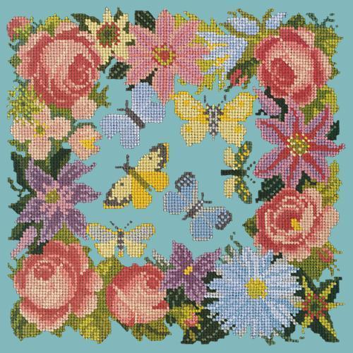 Clematis, Rose, and Butterflies Needlepoint Kit Elizabeth Bradley Design Duck Egg Blue 